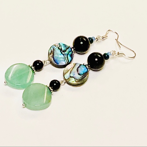 Mint Green Aventurine Stone, Fabulous Abalone & Black Onyx BOHEMIAN Earrings - Picture 4 of 6